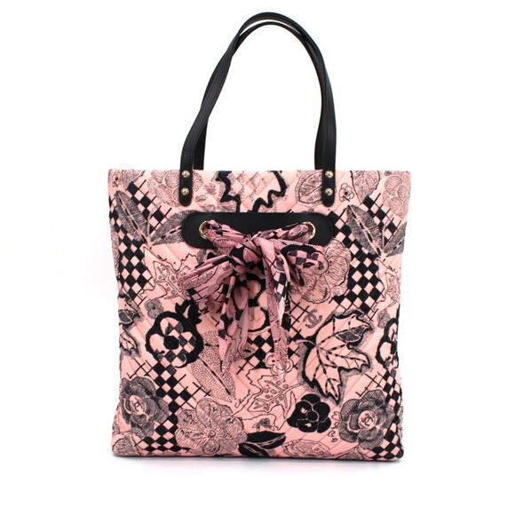 Chanel Bow Scarf Pink Corduroy Black Camellia Pattern Tote Leather Handbag CC - Picture 1 of 11